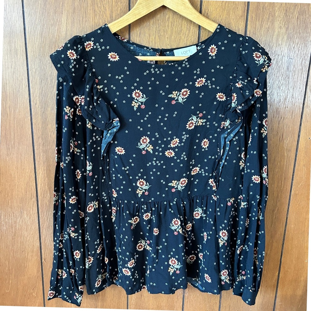 LOFT Outlet Black Floral Ruffle Peplum Long Sleeve Top Women's Size M‎ Feminine